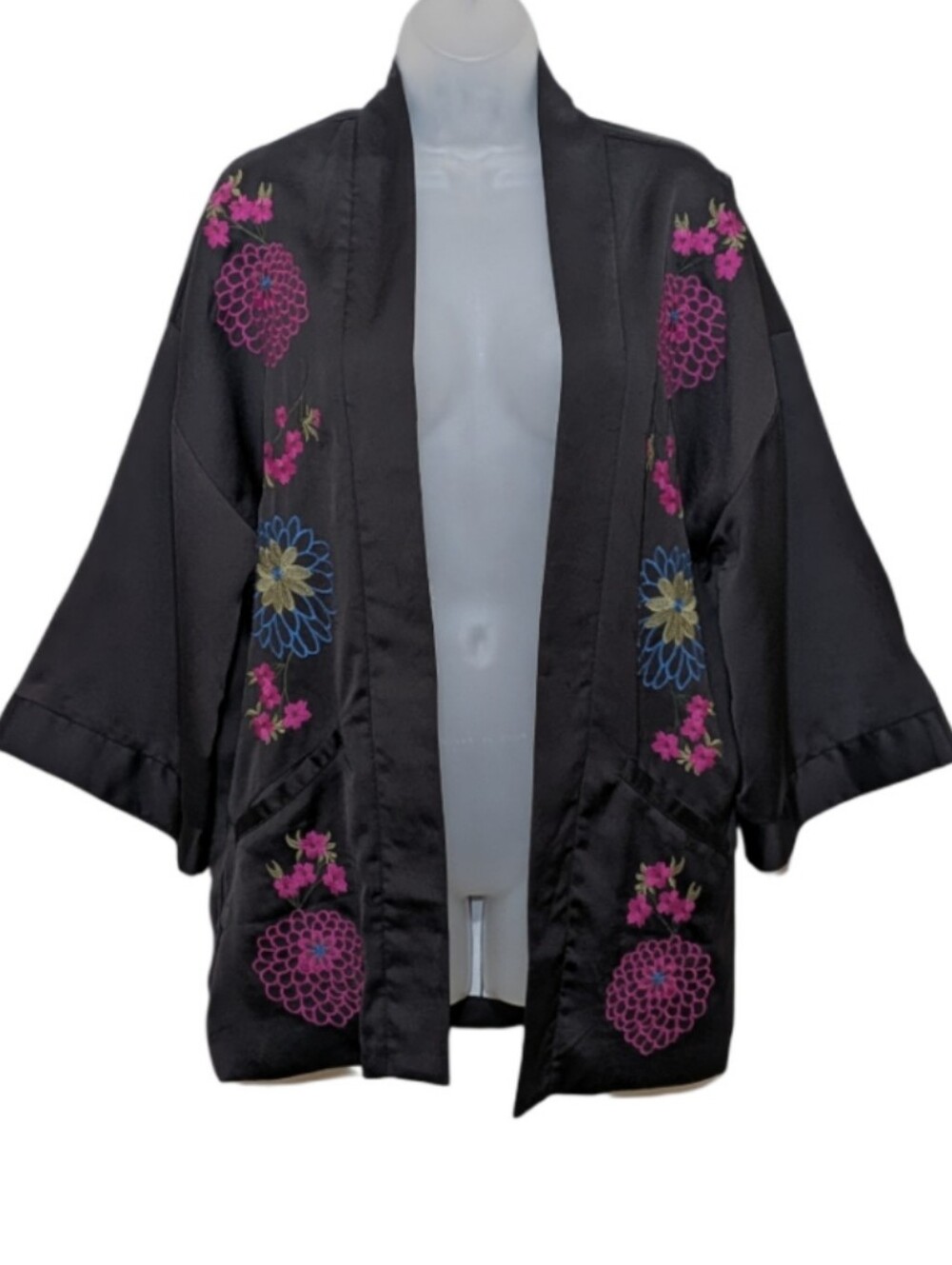 Ellison | Black Embroidered Floral Kimono Jacket | Satin | Bohemian | Chic |